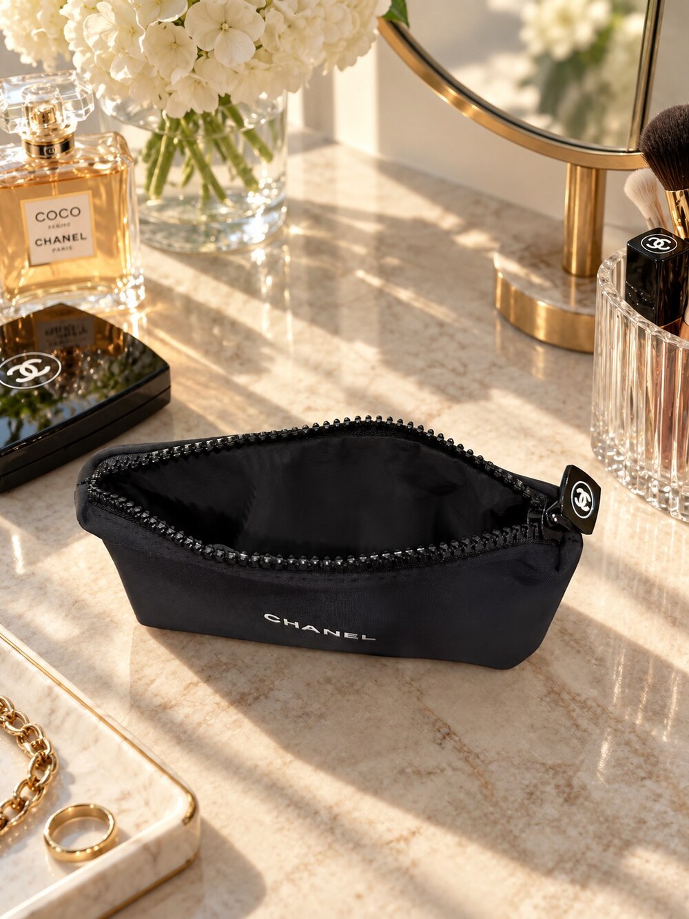 Chanel Black Zip Cosmetic Pouch | Compact Beauty Storage - Picture 4 of 6